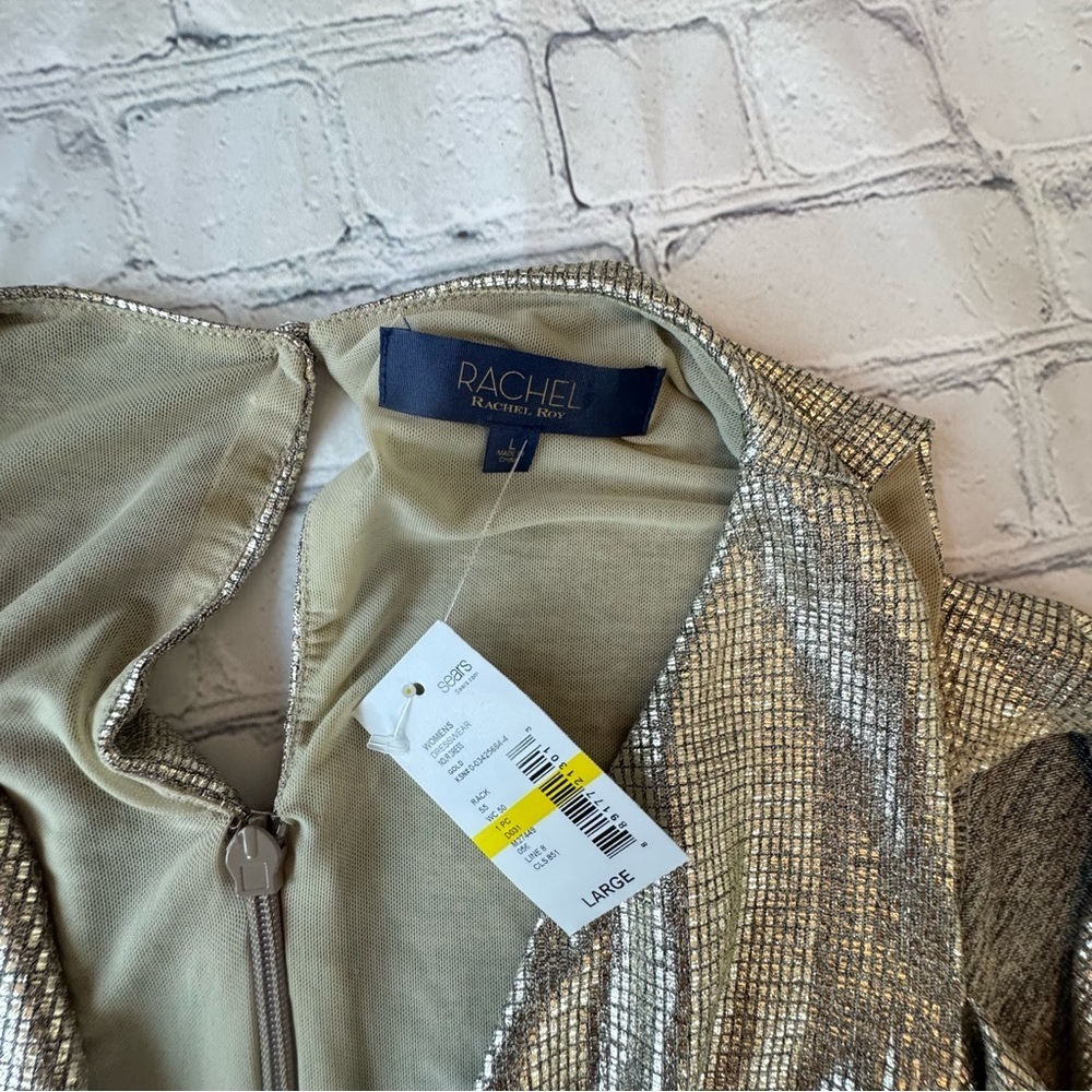 NWT RACHEL Rachel Roy Gold Metallic Off The Shoulder Draped Sleeve Midi Dress L - Picture 8 of 15
